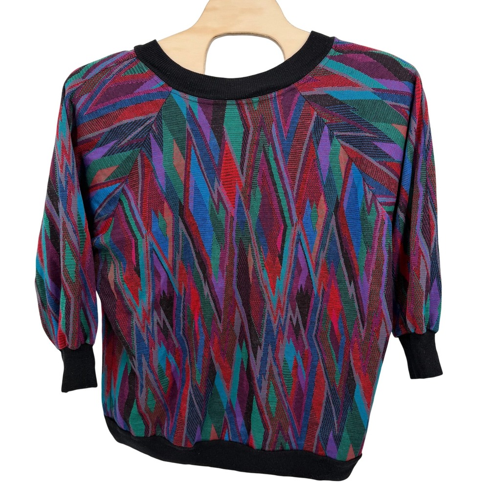 VTG TOP NOTCH Women's L Sweater Multicolor‎ Coogi Style Print V Neck 3/4 Sleeve